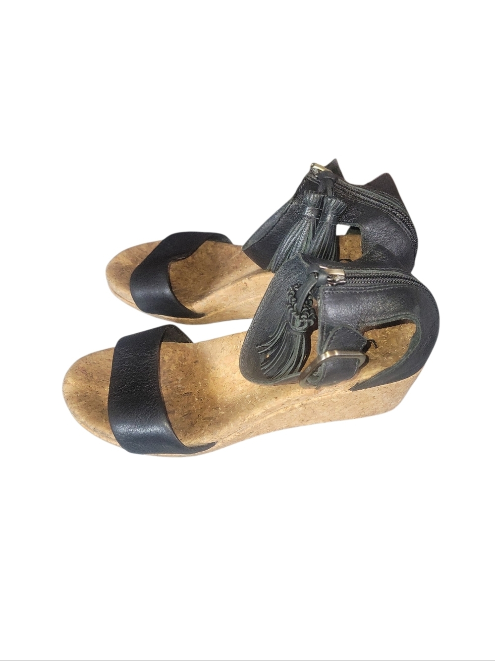 UGG Zoe Black Leather Cork Wedge Sandals with Tassel Ankle Strap Back Zipper Sz7 - Picture 2 of 7